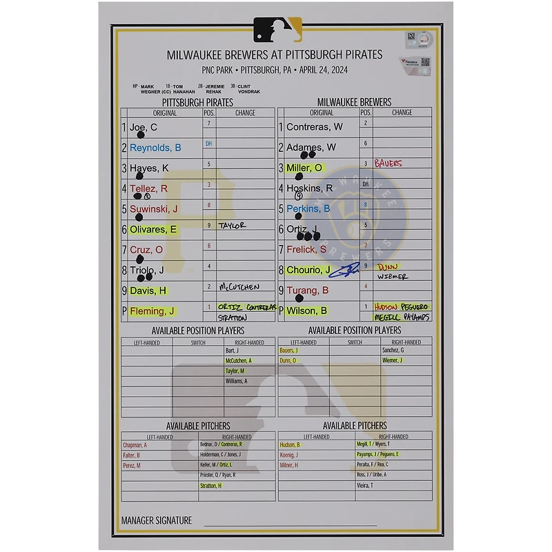 Jackson Chourio Milwaukee Brewers Autographed Game-Used Lineup Card vs. Pittsburgh Pirates on April 24, 2024