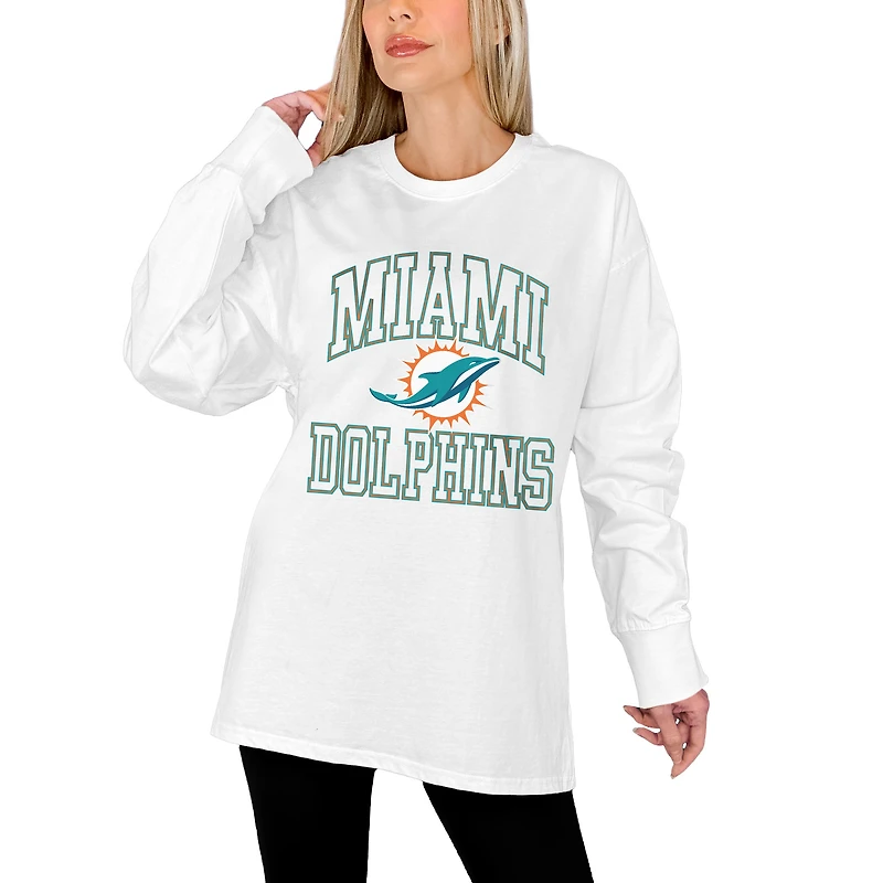 Women's Gameday Couture White Miami Dolphins Mind Games Oversized Long Sleeve T-Shirt