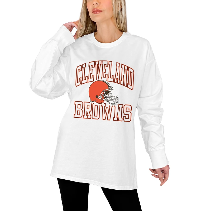 Women's Gameday Couture White Cleveland Browns Mind Games Oversized Long Sleeve T-Shirt
