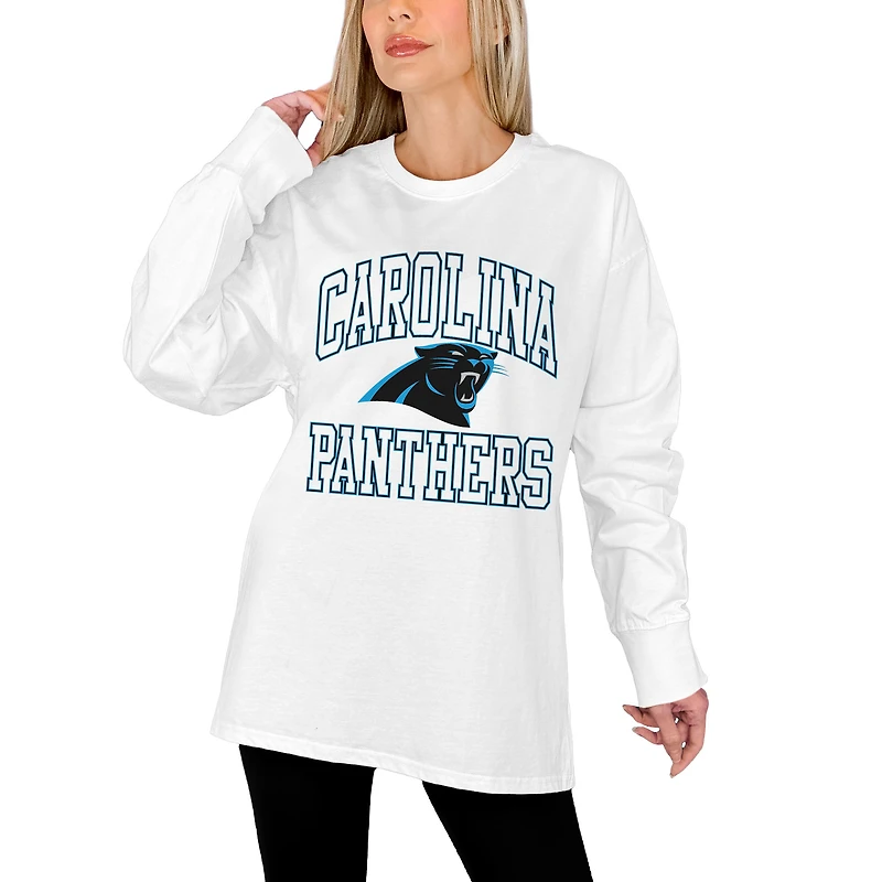 Women's Gameday Couture White Carolina Panthers Mind Games Oversized Long Sleeve T-Shirt