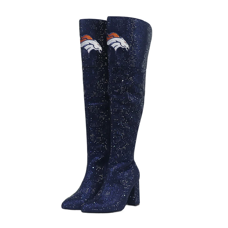 Women's Cuce Navy Denver Broncos Team Color Crystal Over-The-Knee Boots
