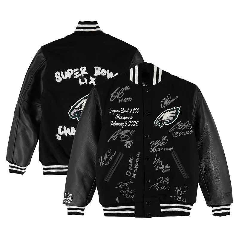One of One: Philadelphia Eagles Super Bowl LIX Champions Letterman Jacket with 11 Signatures including Jalen Hurts, A.J. Brown & Saquon Barkley and Multiple Inscriptions