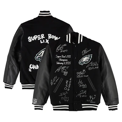 One of One: Philadelphia Eagles Super Bowl LIX Champions Letterman Jacket with 11 Signatures including Jalen Hurts, A.J. Brown & Saquon Barkley and Multiple Inscriptions