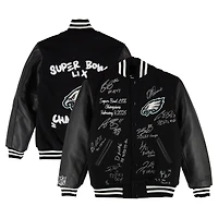 One of One: Philadelphia Eagles Super Bowl LIX Champions Letterman Jacket with 11 Signatures including Jalen Hurts, A.J. Brown & Saquon Barkley and Multiple Inscriptions