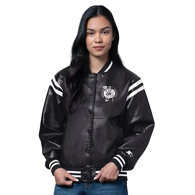 Women's Starter Black Boston Celtics High Heat Leather Varsity Full-Snap Jacket