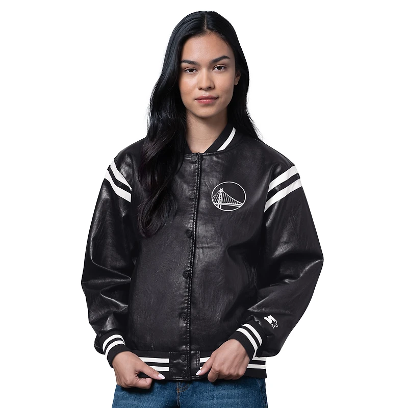 Women's Starter Black Golden State Warriors High Heat Leather Varsity Full-Snap Jacket