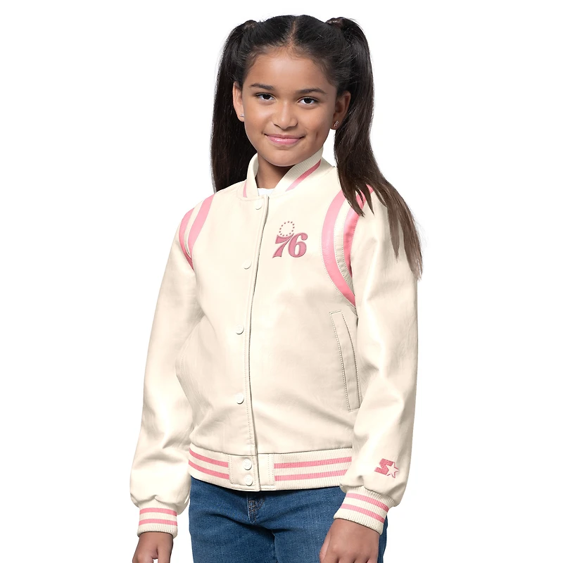 Girls Starter  Cream/Pink Philadelphia 76ers Underdog Leather Varsity Jacket