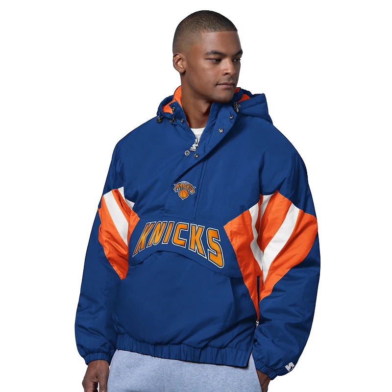 Men's Starter Blue New York Knicks The Line Up Oxford Crinkle Half-Zip Hooded Jacket