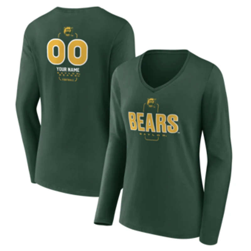 Women's Green Baylor Bears Personalized Name & Number Midfielder Long Sleeve V-Neck T-Shirt