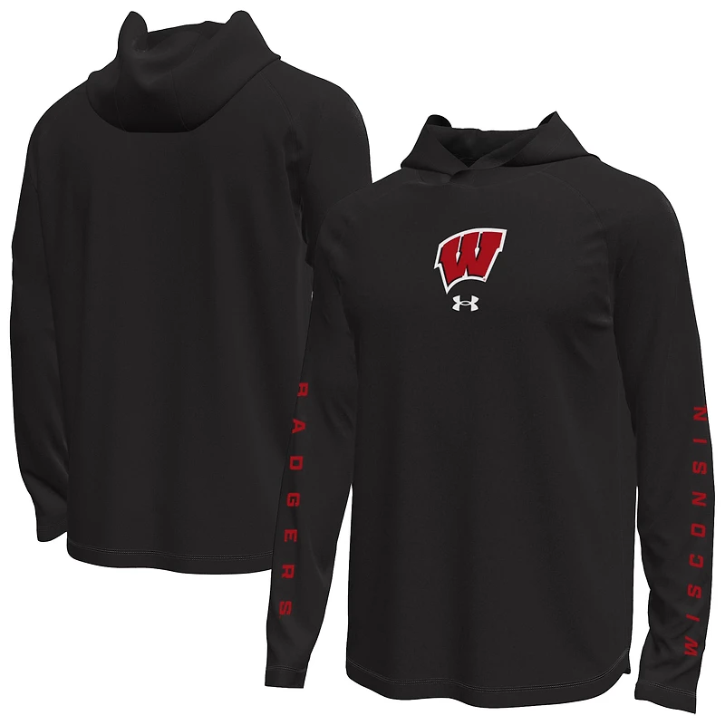 Men's Under Armour Black Wisconsin Badgers Tech Stretch Long-Sleeve Hooded T-Shirt