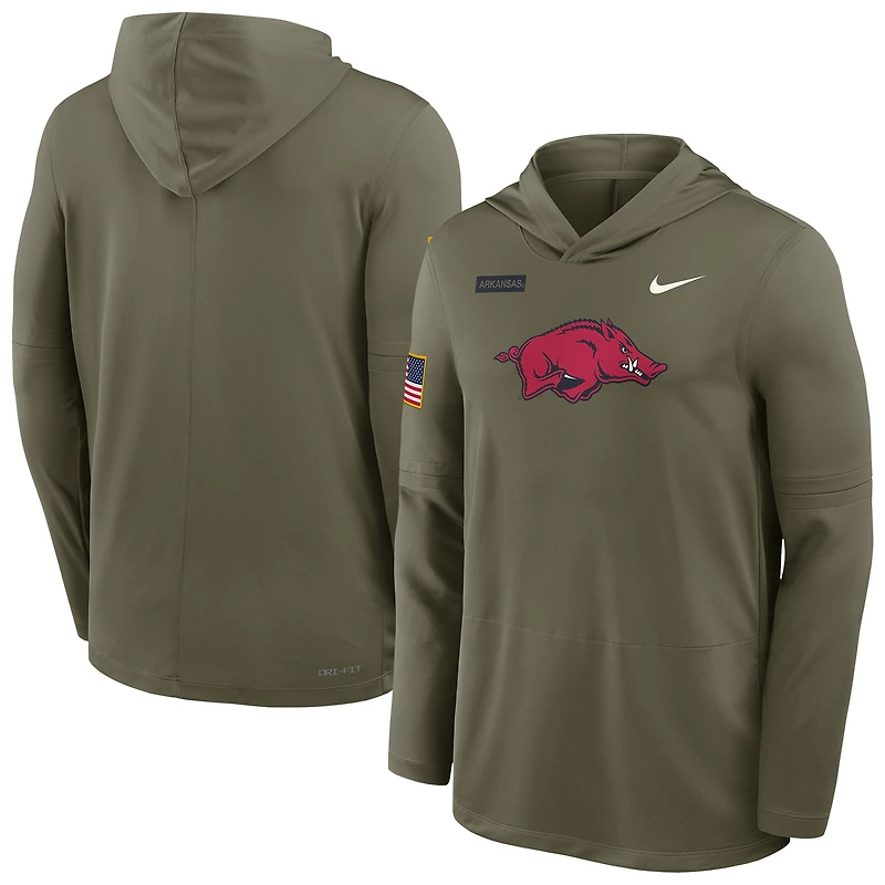 Men's Nike Olive Arkansas Razorbacks 2025 Military Appreciation Dri-FIT Long Sleeve Hooded T-Shirt