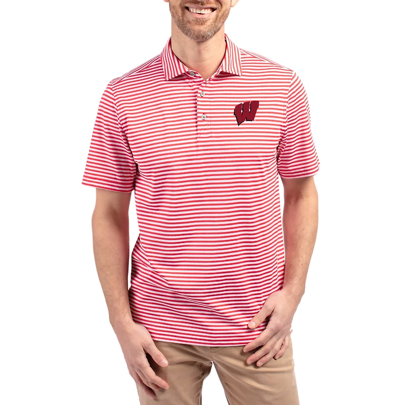 Men's Cutter & Buck Red Wisconsin Badgers Virtue Eco Pique Stripe Recycled DryTec Polo