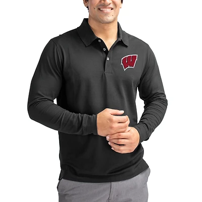 Men's Cutter & Buck Black Wisconsin Badgers Advantage Eco Tri-Blend Pique Long Sleeve Polo