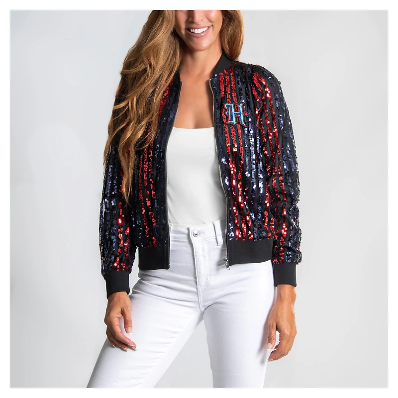 Women's Cuce  Navy Houston Texans Two-Tone Sequin Striped Full-Zip Bomber Jacket