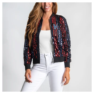 Women's Cuce  Navy Houston Texans Two-Tone Sequin Striped Full-Zip Bomber Jacket