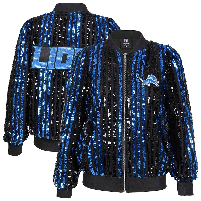 Women's Cuce  Black Detroit Lions Two-Tone Sequin Striped Full-Zip Bomber Jacket