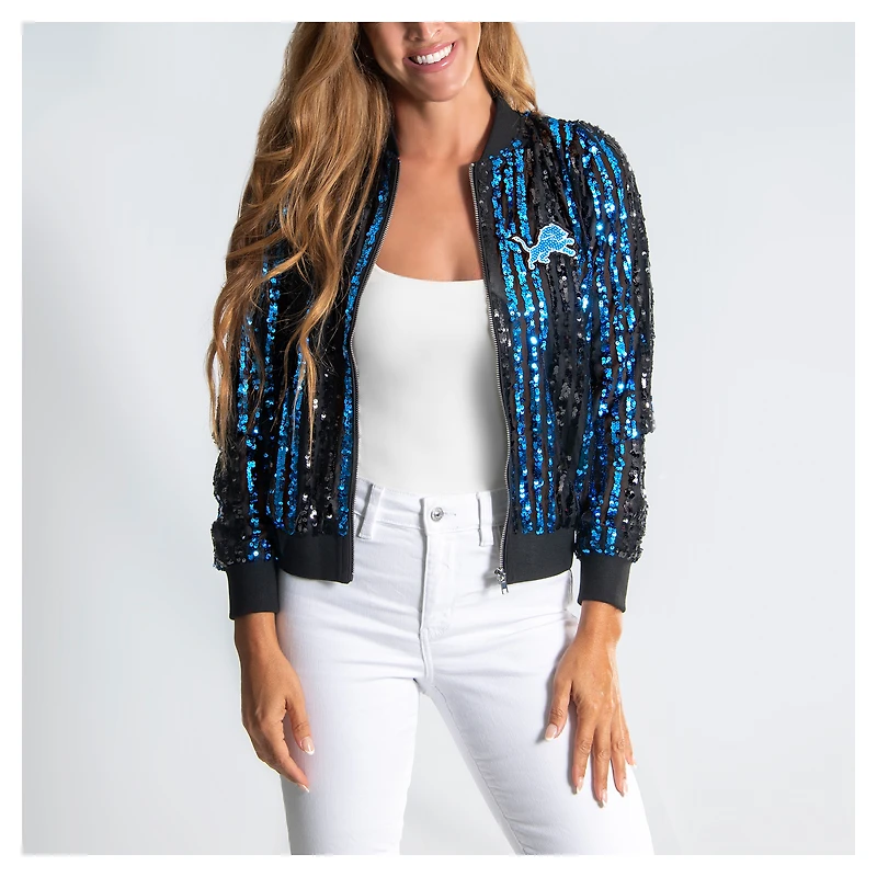 Women's Cuce  Black Detroit Lions Two-Tone Sequin Striped Full-Zip Bomber Jacket