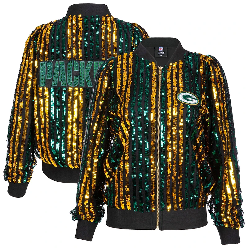 Women's Cuce  Green Bay Packers Two-Tone Sequin Striped Full-Zip Bomber Jacket
