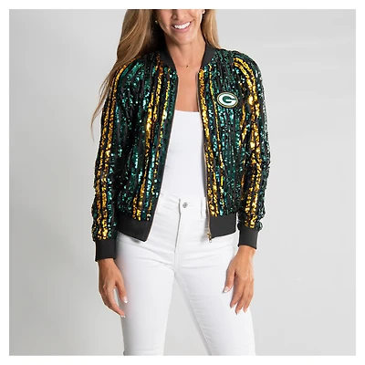 Women's Cuce  Green Bay Packers Two-Tone Sequin Striped Full-Zip Bomber Jacket