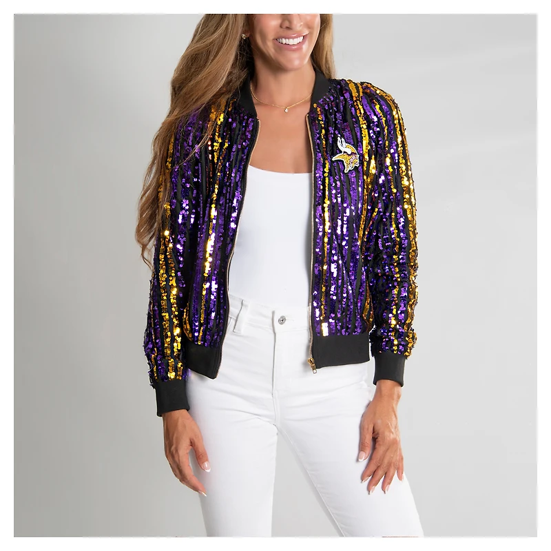 Women's Cuce Purple Minnesota Vikings Two-Tone Sequin Striped Full-Zip Bomber Jacket