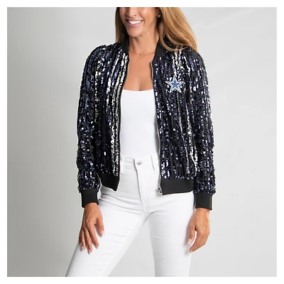Women's Cuce  Navy Dallas Cowboys Two-Tone Sequin Striped Full-Zip Bomber Jacket