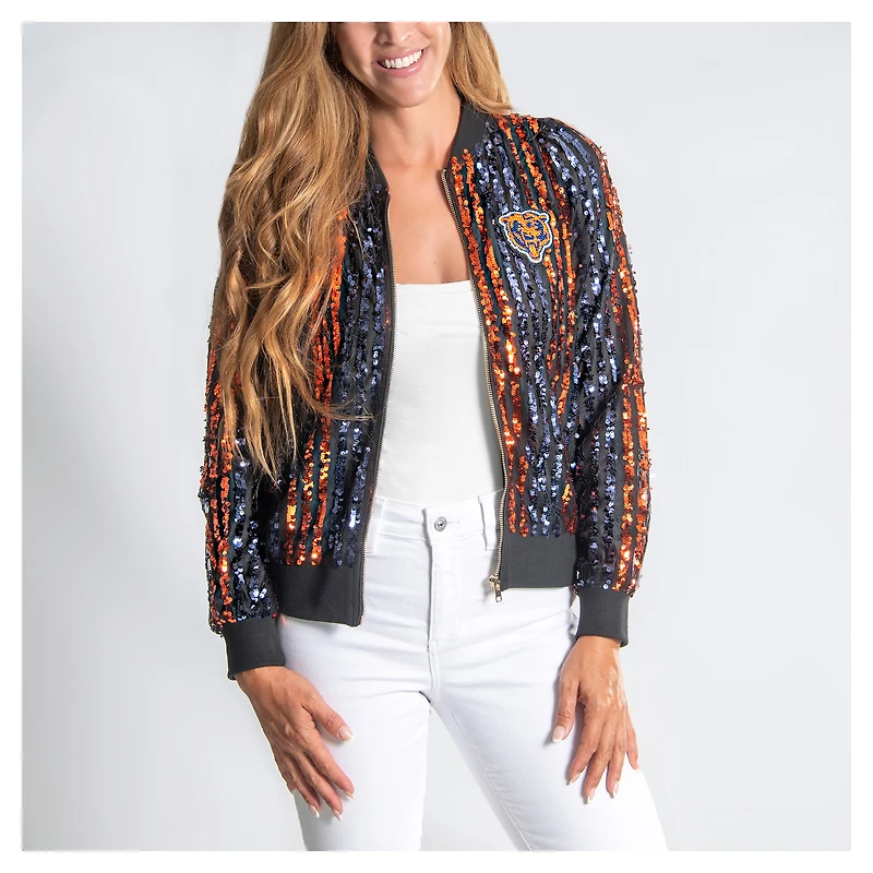 Women's Cuce  Navy Chicago Bears Two-Tone Sequin Striped Full-Zip Bomber Jacket