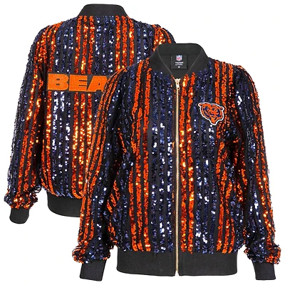 Women's Cuce  Navy Chicago Bears Two-Tone Sequin Striped Full-Zip Bomber Jacket