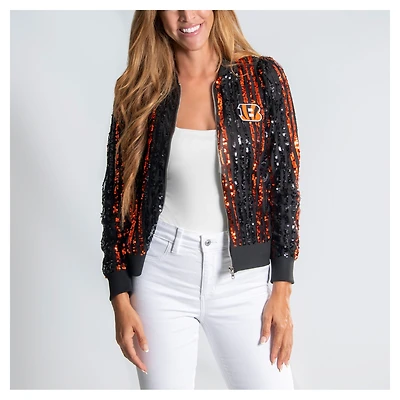 Women's Cuce  Black Cincinnati Bengals Two-Tone Sequin Striped Full-Zip Bomber Jacket