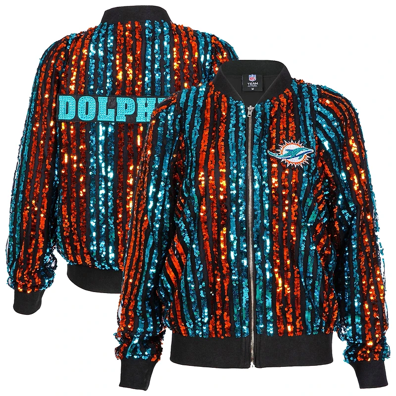Women's Cuce  Aqua Miami Dolphins Two-Tone Sequin Striped Full-Zip Bomber Jacket