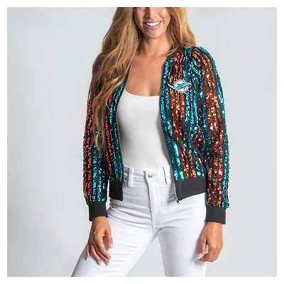 Women's Cuce  Aqua Miami Dolphins Two-Tone Sequin Striped Full-Zip Bomber Jacket