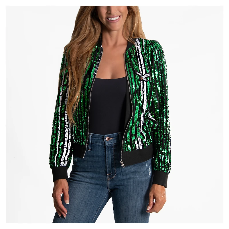 Women's Cuce  Kelly Green Philadelphia Eagles Slim Fit Sequin Striped Full-Zip Bomber Jacket