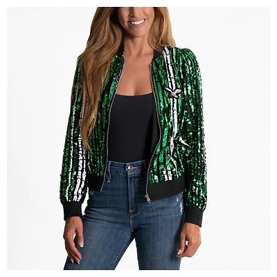 Women's Cuce  Kelly Green Philadelphia Eagles Slim Fit Sequin Striped Full-Zip Bomber Jacket