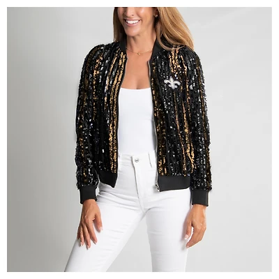 Women's Cuce  Black New Orleans Saints Two-Tone Sequin Striped Full-Zip Bomber Jacket