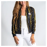 Women's Cuce  Black Pittsburgh Steelers Slim Fit Sequin Striped Full-Zip Bomber Jacket
