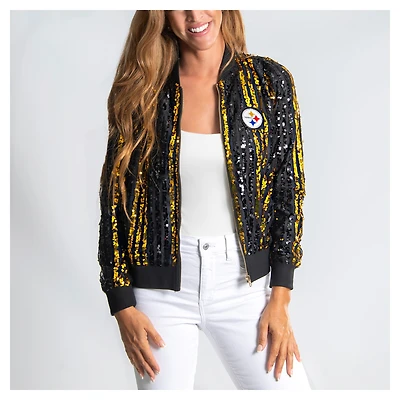 Women's Cuce  Black Pittsburgh Steelers Slim Fit Sequin Striped Full-Zip Bomber Jacket