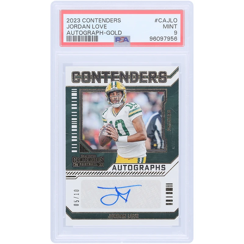 Jordan Love Green Bay Packers Autographed 2023 Panini Contenders Gold #CA-JLO #5/10 PSA Authenticated 9 Card