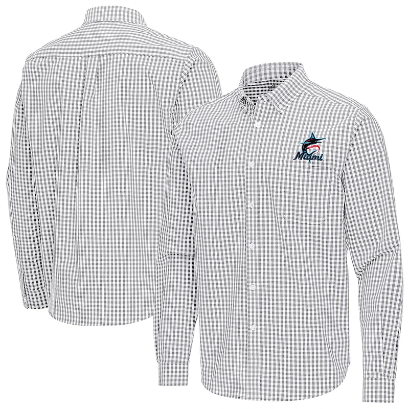 Men's Antigua Gray Miami Marlins Ellis Woven Tri-Blend Button-Down Shirt
