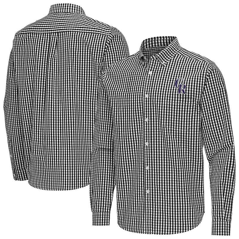 Men's Antigua Black Colorado Rockies Ellis Woven Tri-Blend Button-Down Shirt