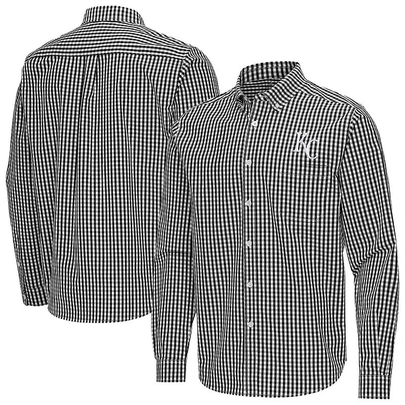 Men's Antigua Black Kansas City Royals Ellis Woven Tri-Blend Button-Down Shirt
