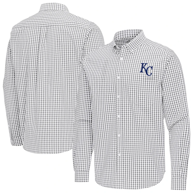 Men's Antigua Gray Kansas City Royals Ellis Woven Tri-Blend Button-Down Shirt