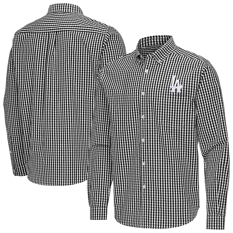 Men's Antigua Black Los Angeles Dodgers Ellis Woven Tri-Blend Button-Down Shirt