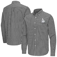 Men's Antigua Black Los Angeles Dodgers Ellis Woven Tri-Blend Button-Down Shirt