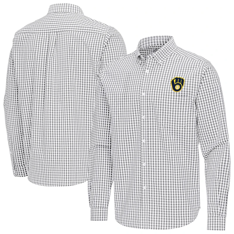 Men's Antigua Gray Milwaukee Brewers Ellis Woven Tri-Blend Button-Down Shirt