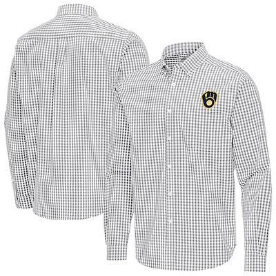 Men's Antigua Gray Milwaukee Brewers Ellis Woven Tri-Blend Button-Down Shirt