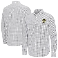 Men's Antigua Gray Milwaukee Brewers Ellis Woven Tri-Blend Button-Down Shirt