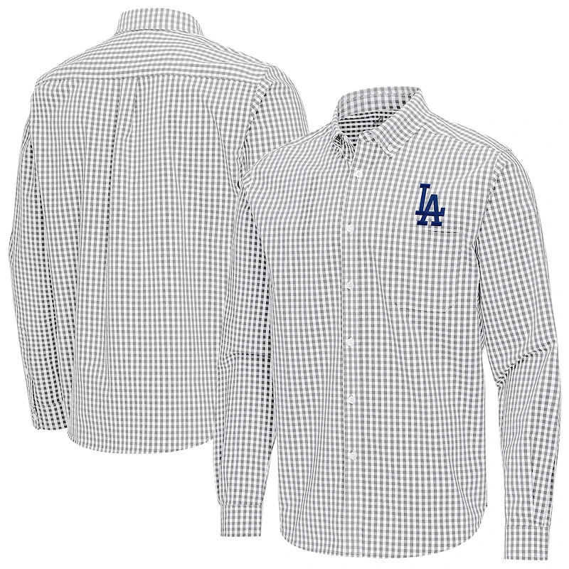 Men's Antigua Gray Los Angeles Dodgers Ellis Woven Tri-Blend Button-Down Shirt