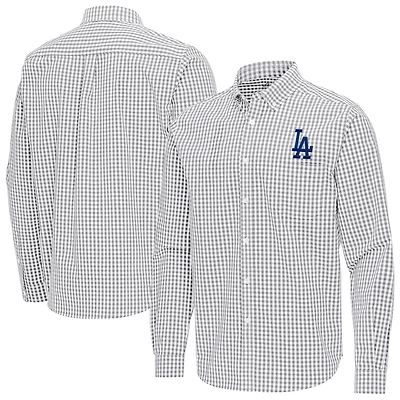 Men's Antigua Gray Los Angeles Dodgers Ellis Woven Tri-Blend Button-Down Shirt