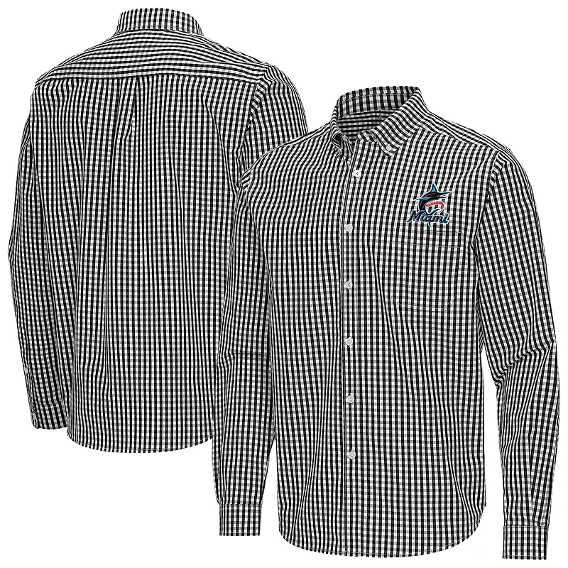 Men's Antigua Black Miami Marlins Ellis Woven Tri-Blend Button-Down Shirt
