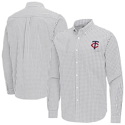 Men's Antigua Gray Minnesota Twins Ellis Woven Tri-Blend Button-Down Shirt