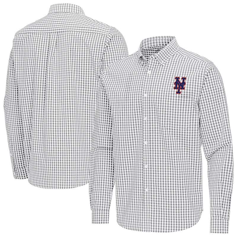 Men's Antigua Gray New York Mets Ellis Woven Tri-Blend Button-Down Shirt